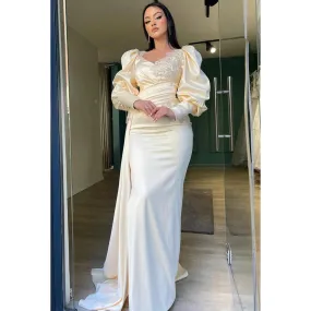 Couture & Ornate Long Sleeves V-Neck Sheath Side Slit Formal Prom Dress