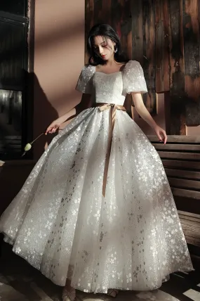 Cute Tulle Long A-Line Prom Dress, White Short Sleeve Evening Party Dress