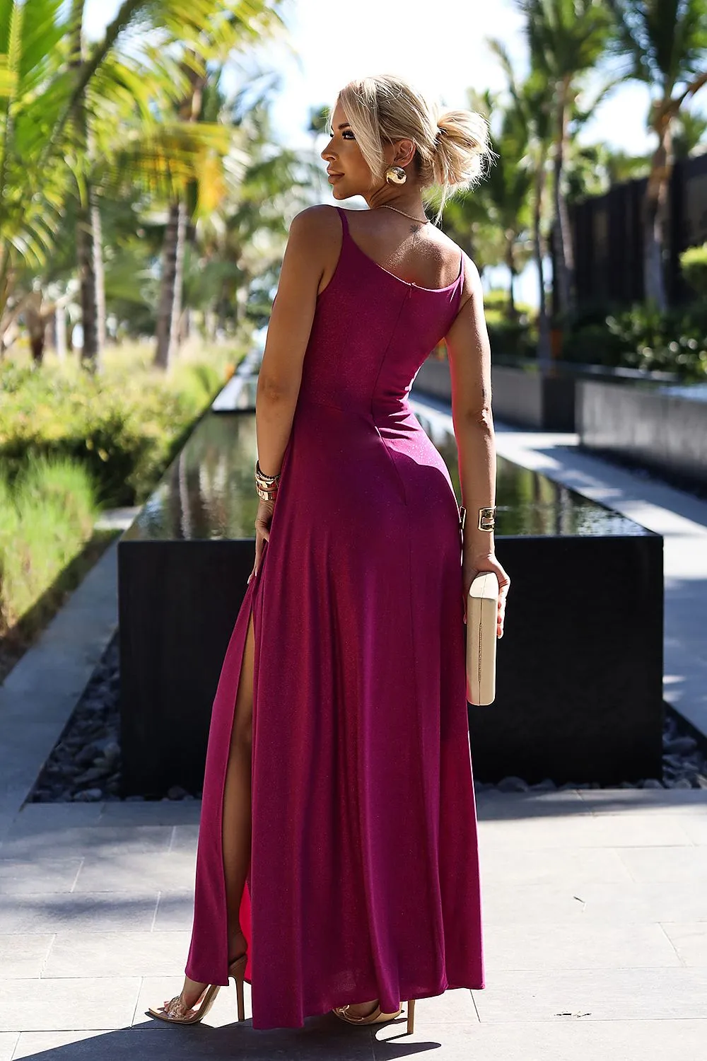 Elegant long shiny glittery evening dress