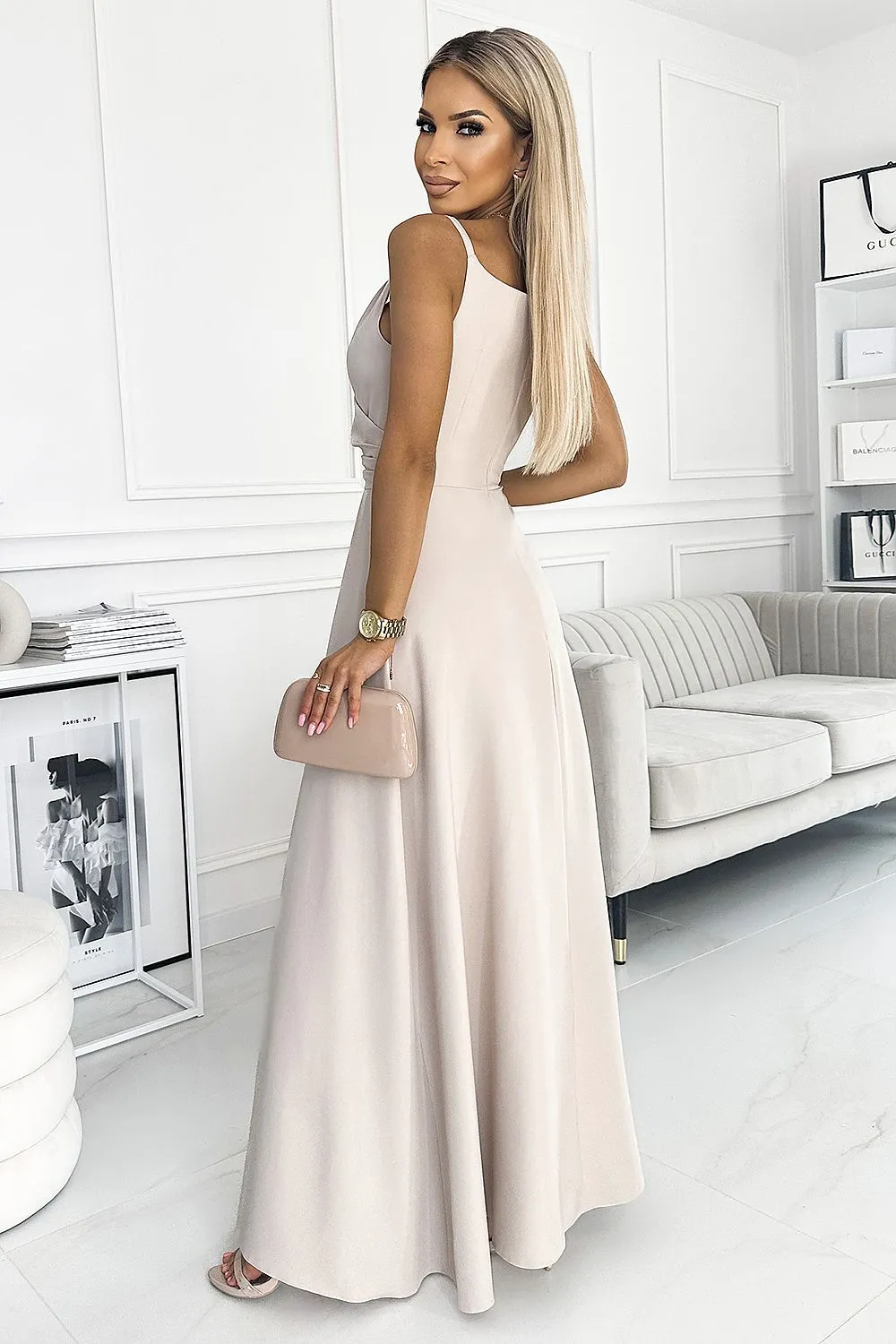 Elegant long shiny glittery evening dress