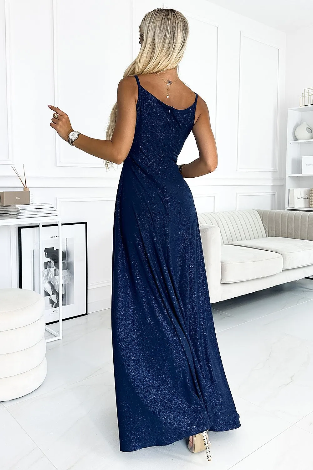 Elegant long shiny glittery evening dress