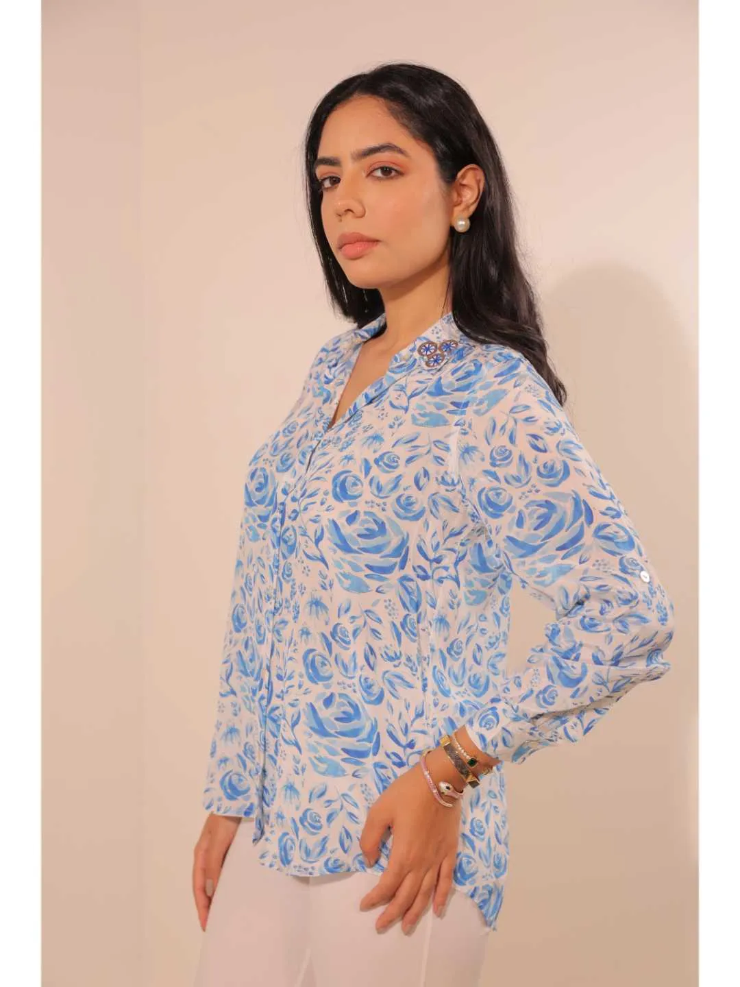 elegant natural crepe abstract floral printed hand embellished shirt collar, convertible roll-up sleeve top -Blue