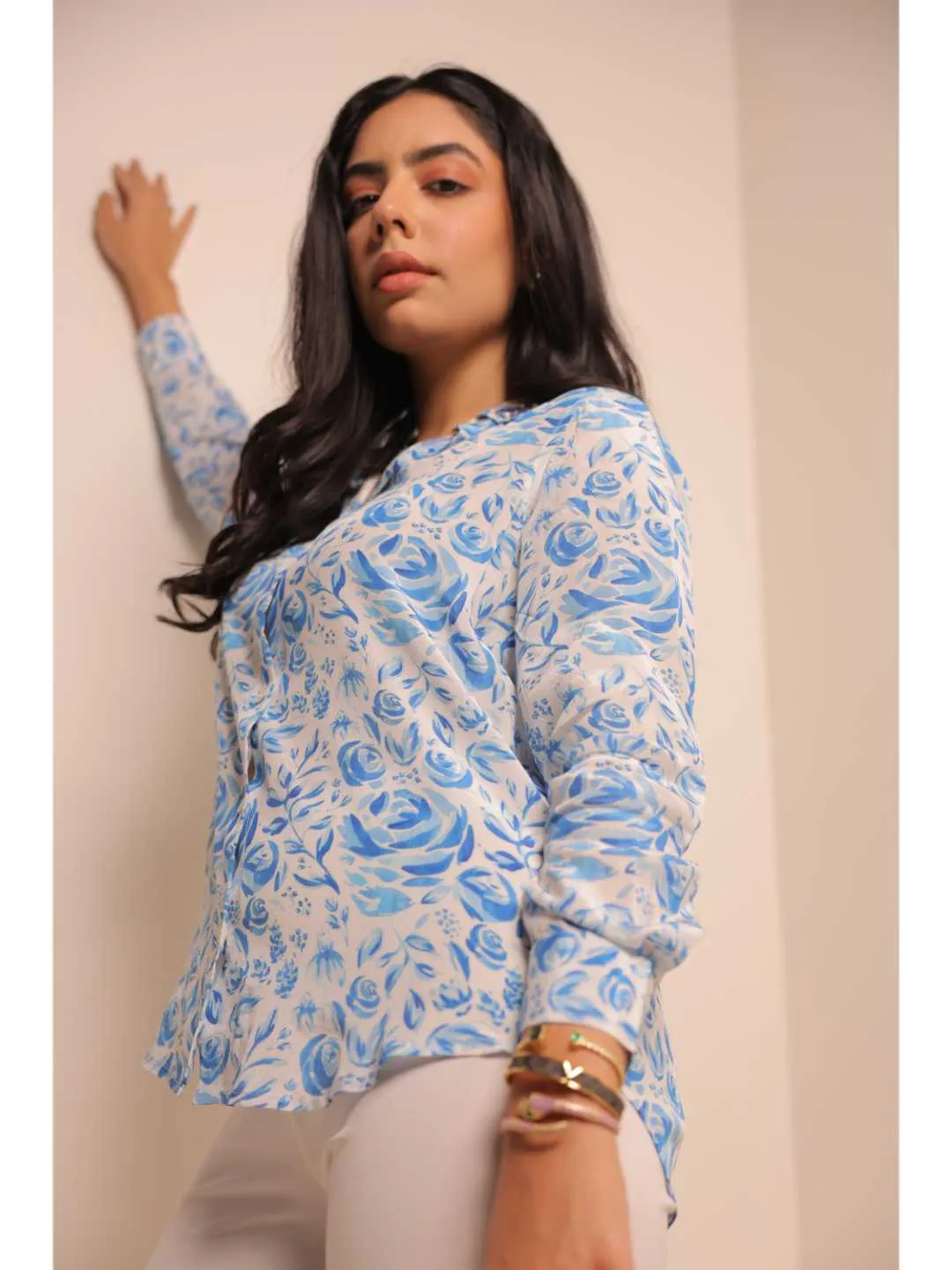 elegant natural crepe abstract floral printed hand embellished shirt collar, convertible roll-up sleeve top -Blue