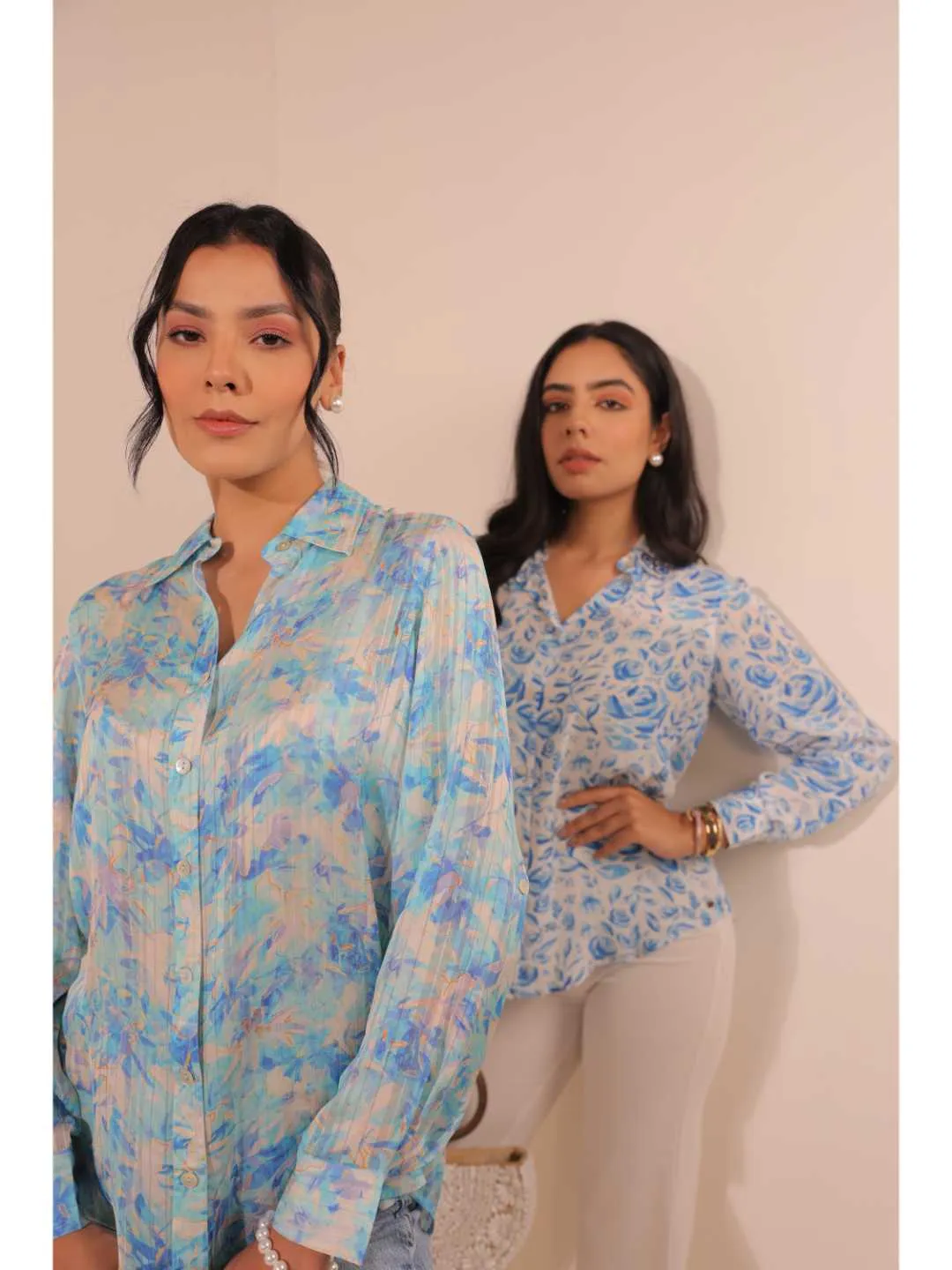 elegant natural crepe abstract floral printed hand embellished shirt collar, convertible roll-up sleeve top -Blue