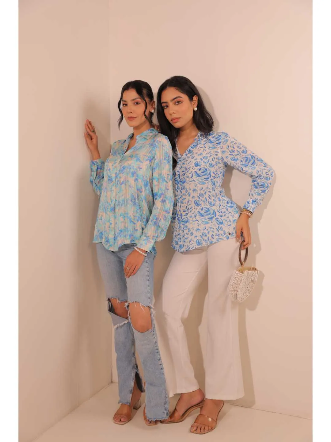 elegant natural crepe abstract floral printed hand embellished shirt collar, convertible roll-up sleeve top -Blue
