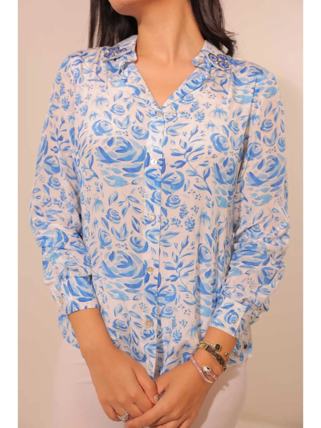elegant natural crepe abstract floral printed hand embellished shirt collar, convertible roll-up sleeve top -Blue