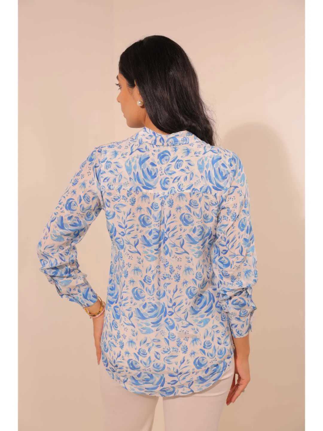 elegant natural crepe abstract floral printed hand embellished shirt collar, convertible roll-up sleeve top -Blue