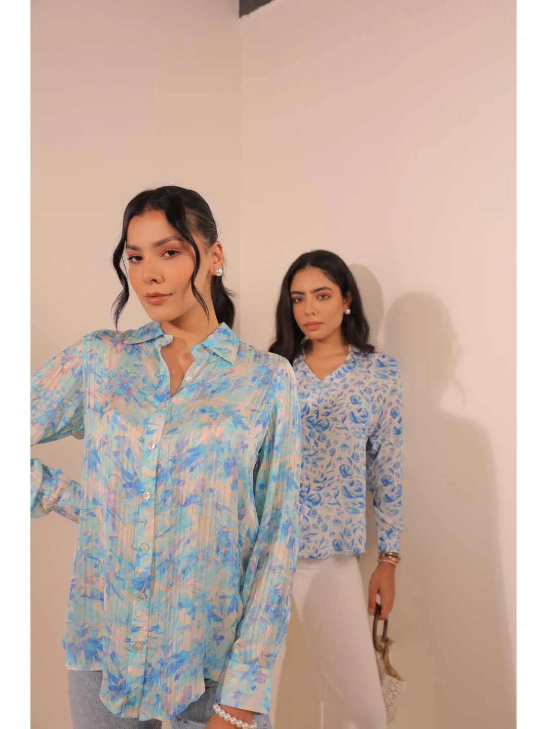 elegant natural crepe abstract floral printed hand embellished shirt collar, convertible roll-up sleeve top -Blue