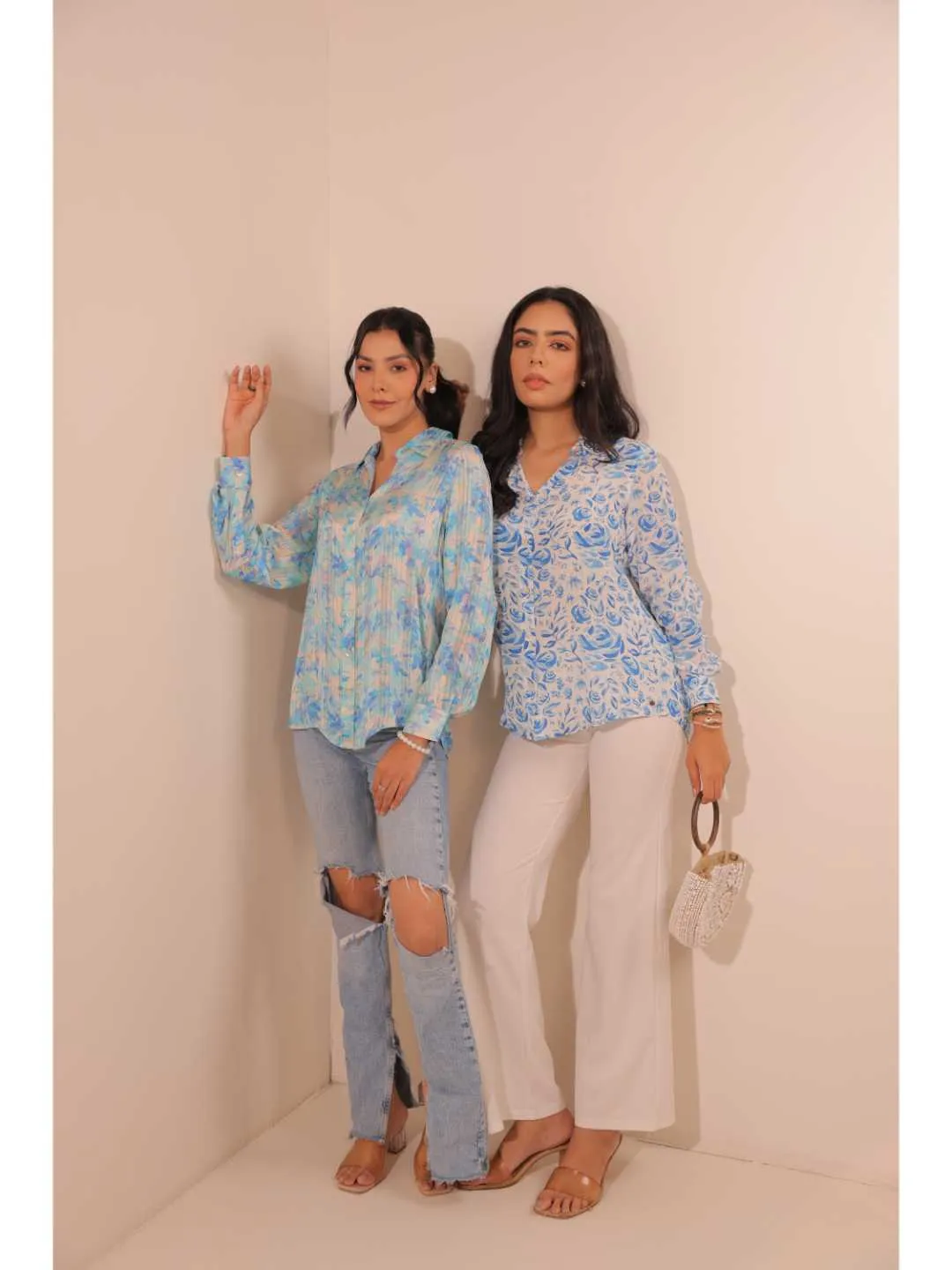 elegant natural crepe abstract floral printed hand embellished shirt collar, convertible roll-up sleeve top -Blue
