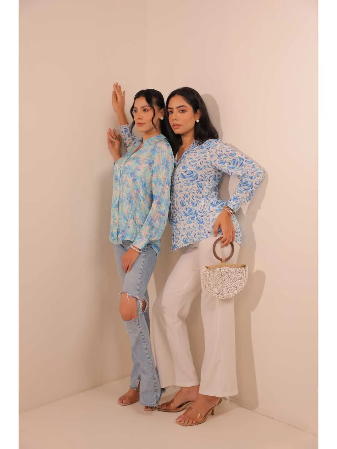 elegant natural crepe abstract floral printed hand embellished shirt collar, convertible roll-up sleeve top -Blue