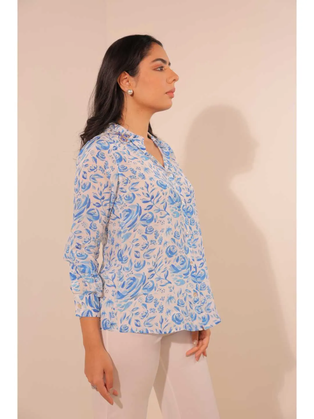 elegant natural crepe abstract floral printed hand embellished shirt collar, convertible roll-up sleeve top -Blue