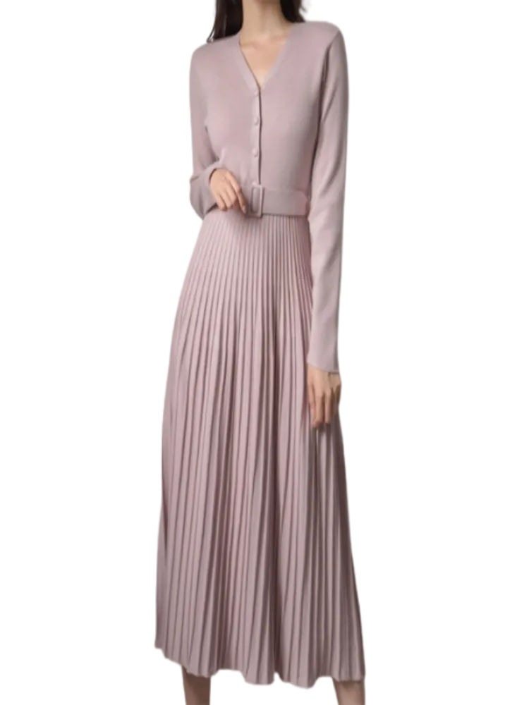Elegant V-neck Single-breasted Women Thicken Sweater Dress Autumn Winter Knitted Belted Female A-line soft dresses