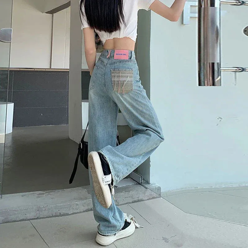 Female Collision High Waist Embroidery Design Loose Drag Straight Jeans