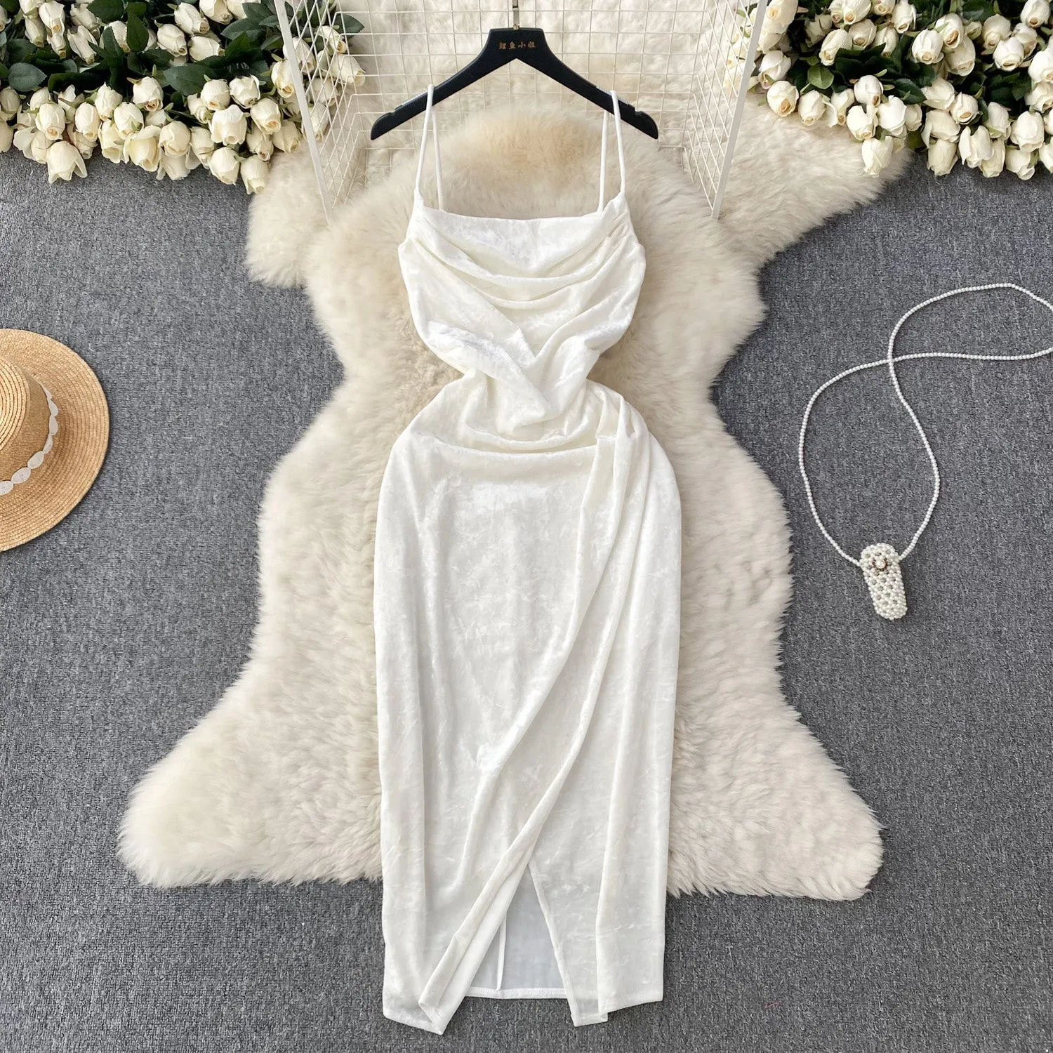 French Style Draped Split Slip Dress