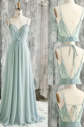 Green Spaghetti Strap Chiffon Lace Long Prom Dress