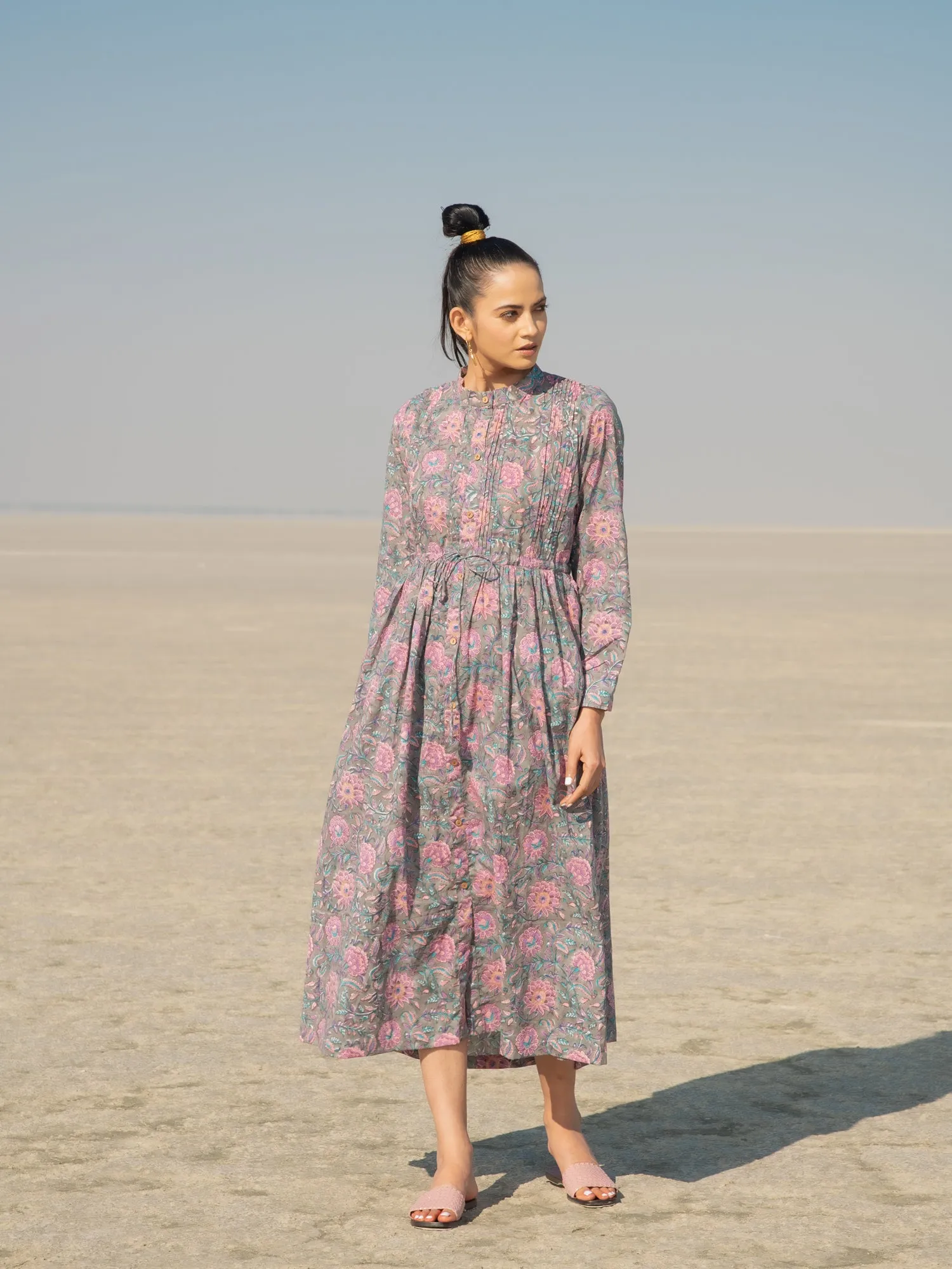 Grey Gloria Shirt Dress - Grey Hand Block Printed Cotton Shirt Dress