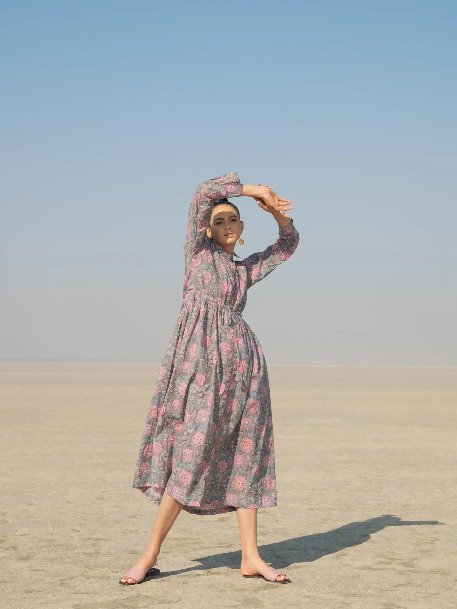 Grey Gloria Shirt Dress - Grey Hand Block Printed Cotton Shirt Dress