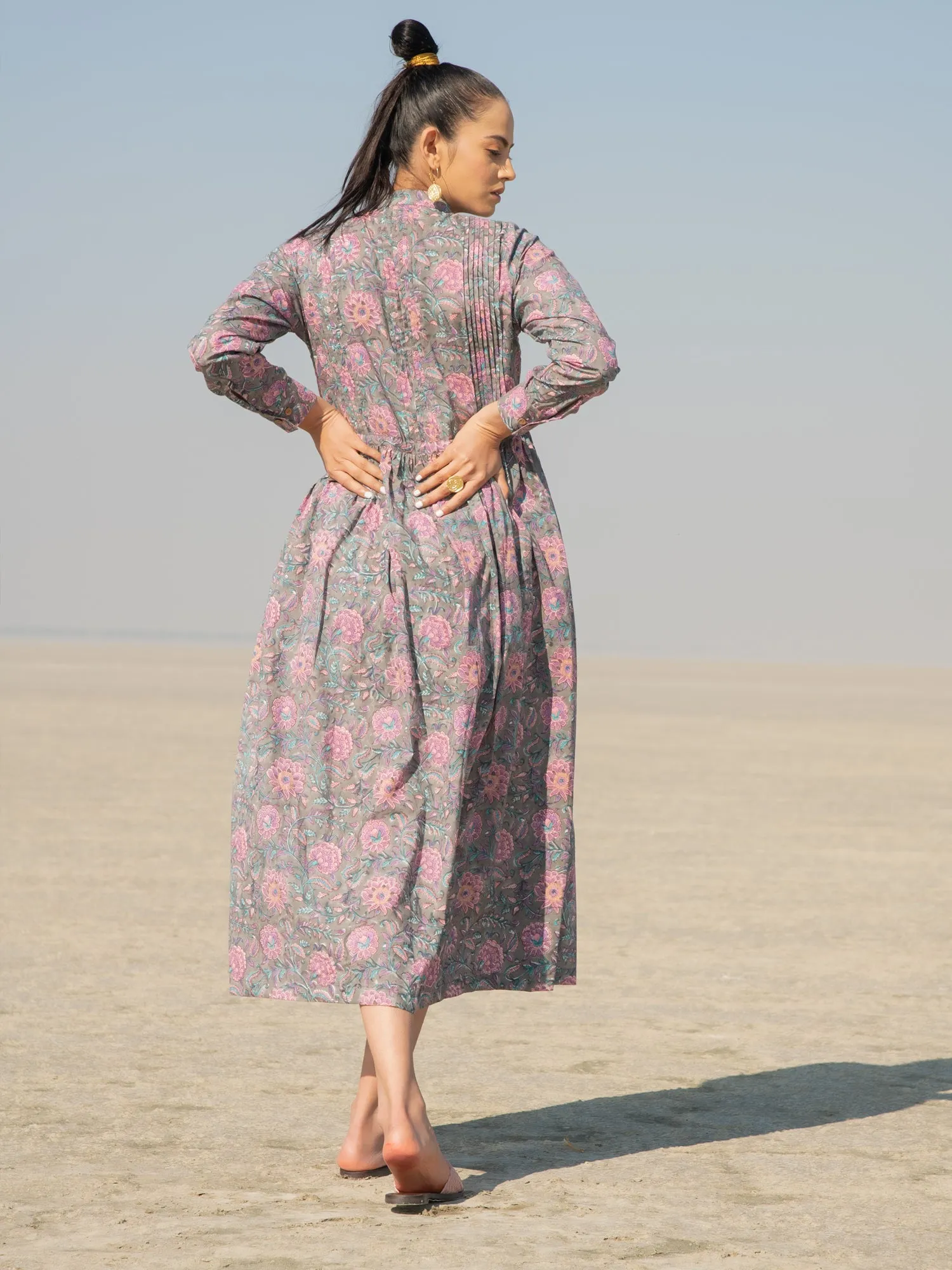 Grey Gloria Shirt Dress - Grey Hand Block Printed Cotton Shirt Dress