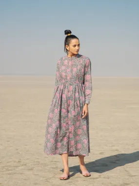 Grey Gloria Shirt Dress - Grey Hand Block Printed Cotton Shirt Dress