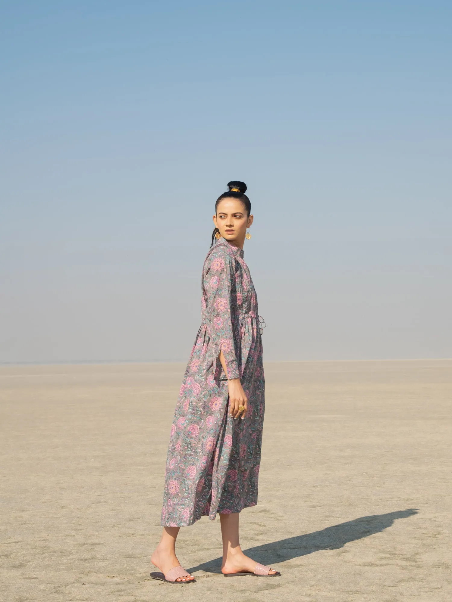 Grey Gloria Shirt Dress - Grey Hand Block Printed Cotton Shirt Dress