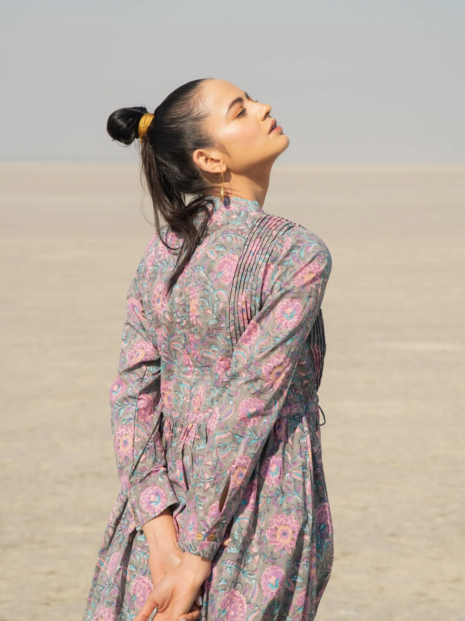 Grey Gloria Shirt Dress - Grey Hand Block Printed Cotton Shirt Dress