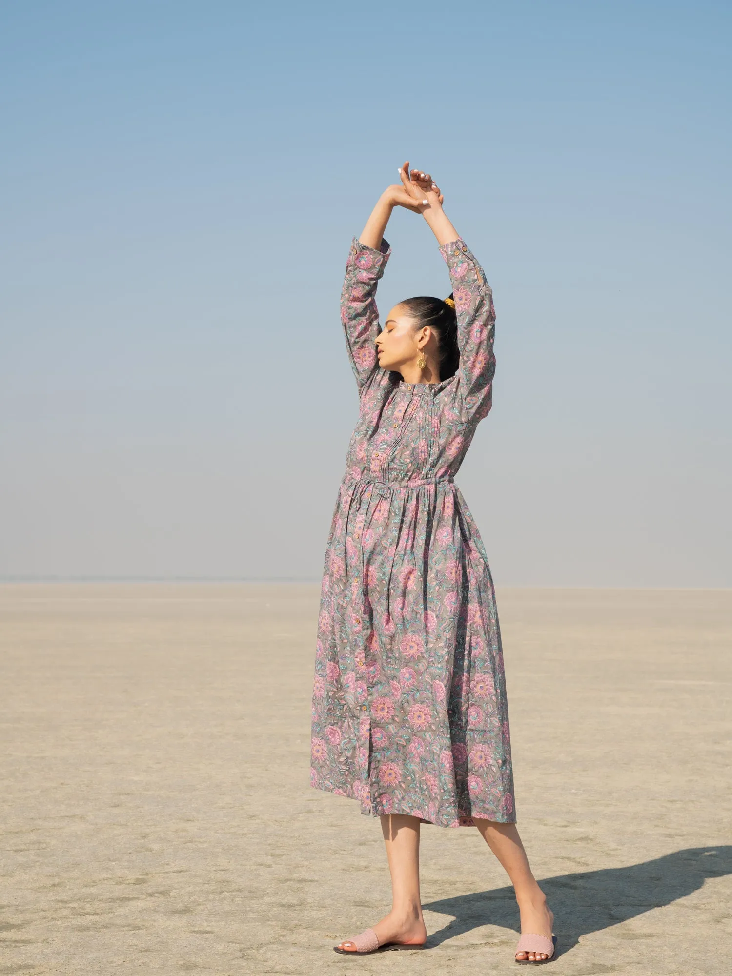 Grey Gloria Shirt Dress - Grey Hand Block Printed Cotton Shirt Dress