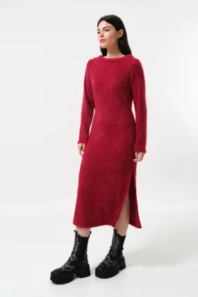 Guila Eyelash Rib Long Sleeve Midi Dress - Red