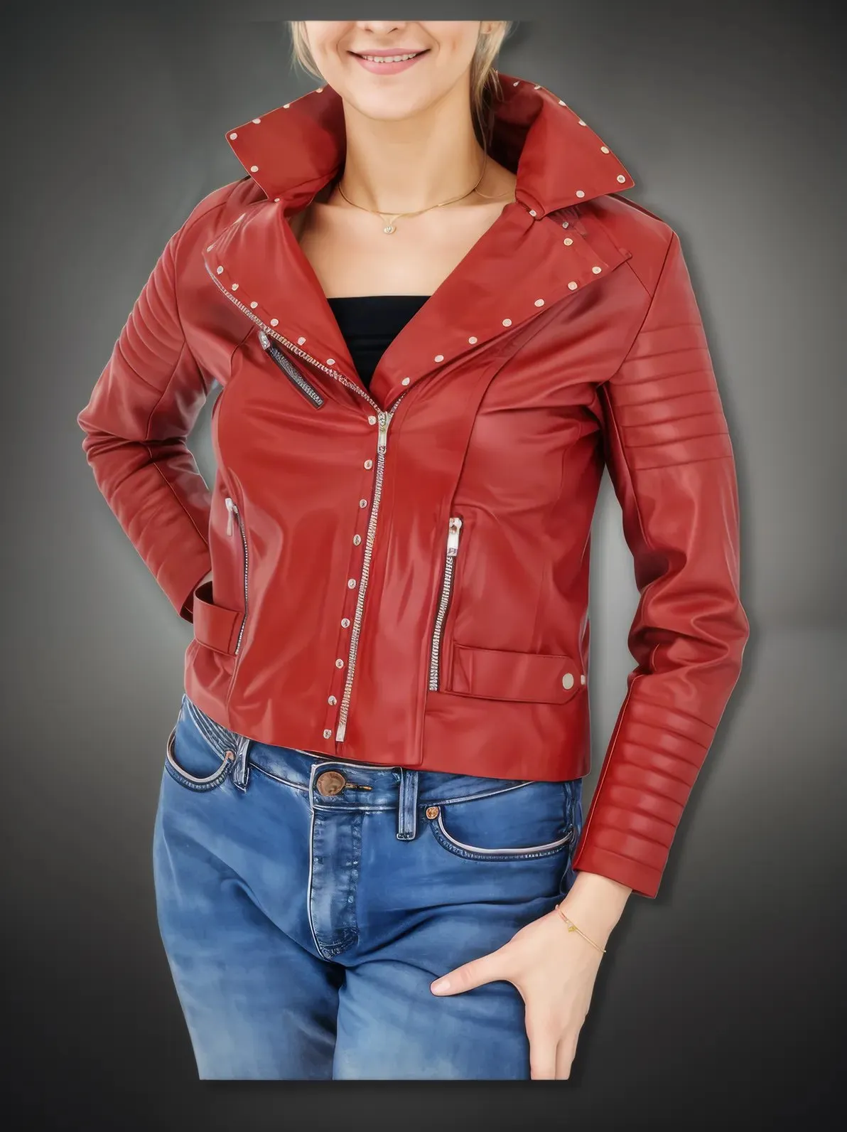 Handcrafted Women's Sheepskin Leather Biker Jacket – Premium Biker Style Red