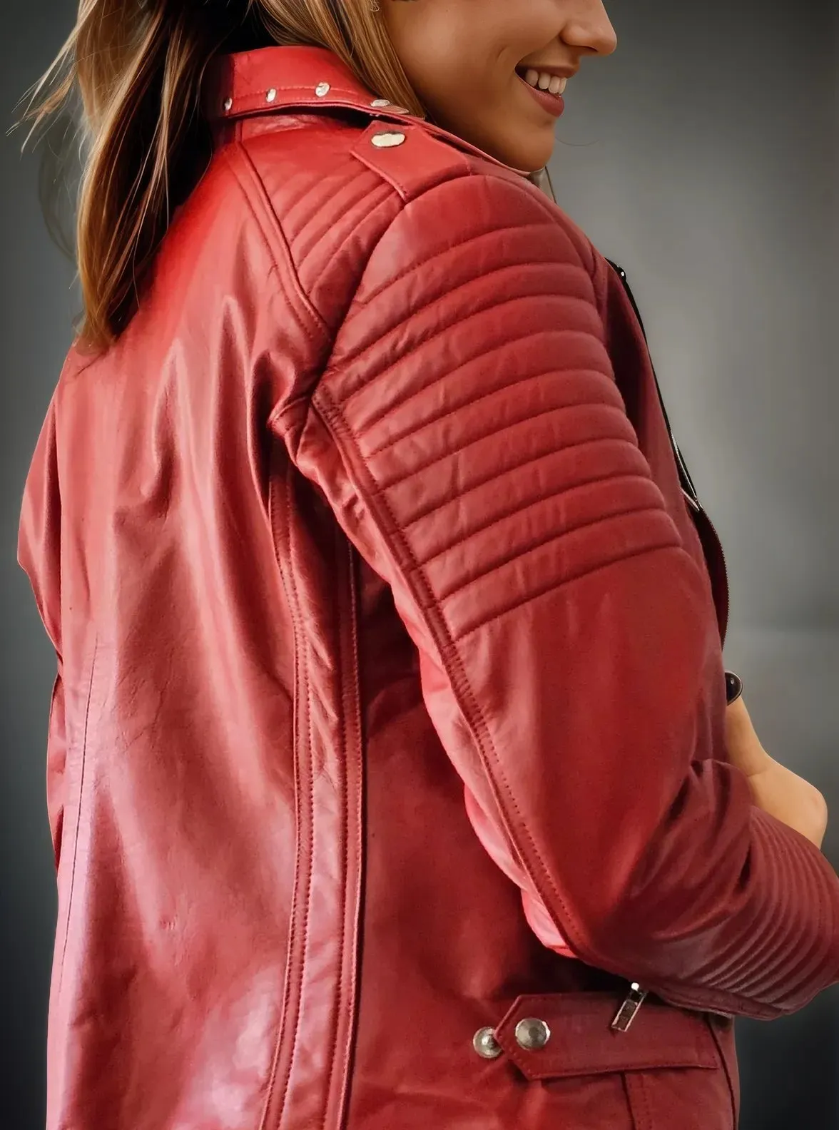 Handcrafted Women's Sheepskin Leather Biker Jacket – Premium Biker Style Red