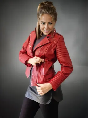 Handcrafted Women's Sheepskin Leather Biker Jacket – Premium Biker Style Red