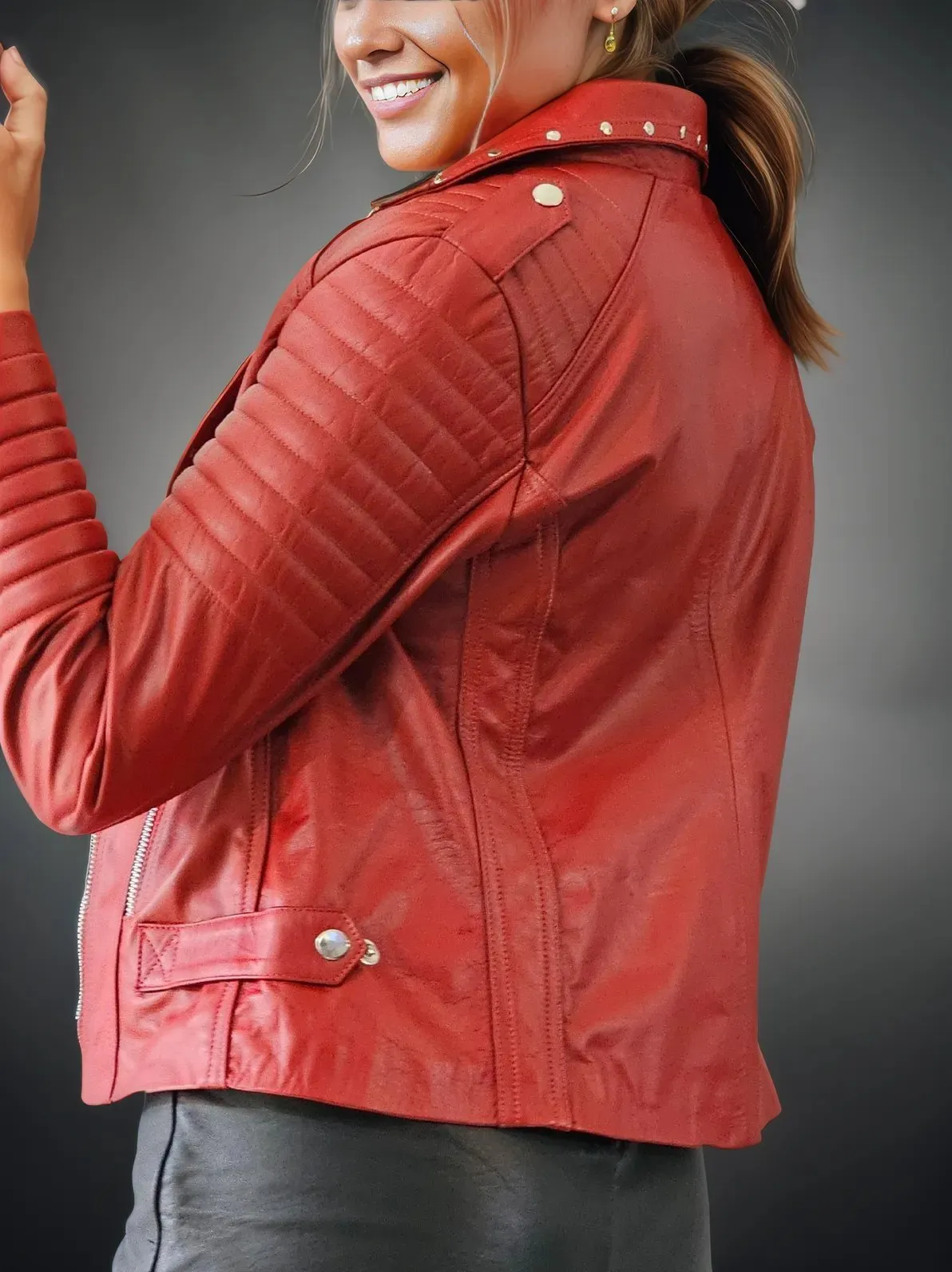 Handcrafted Women's Sheepskin Leather Biker Jacket – Premium Biker Style Red