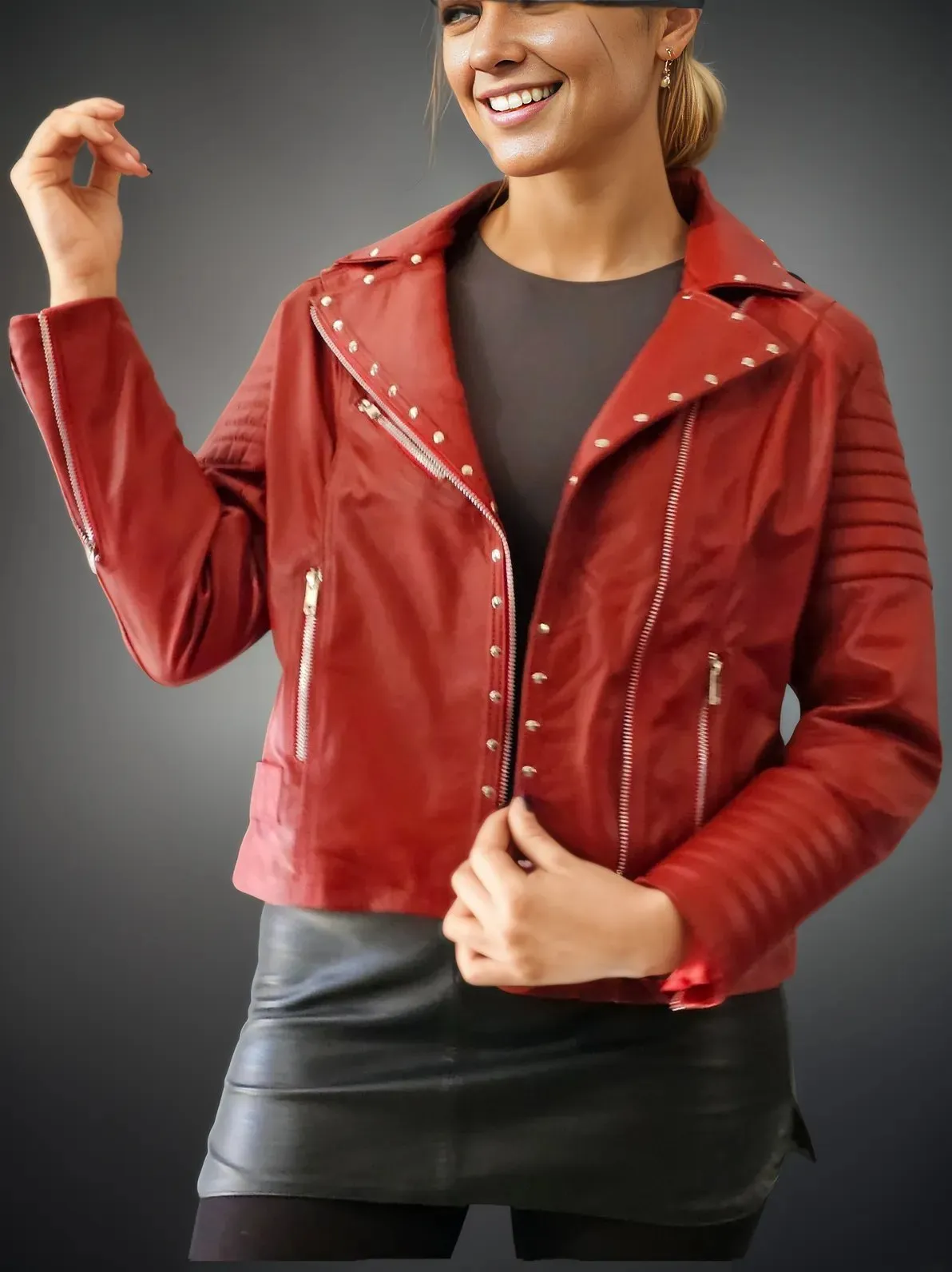 Handcrafted Women's Sheepskin Leather Biker Jacket – Premium Biker Style Red