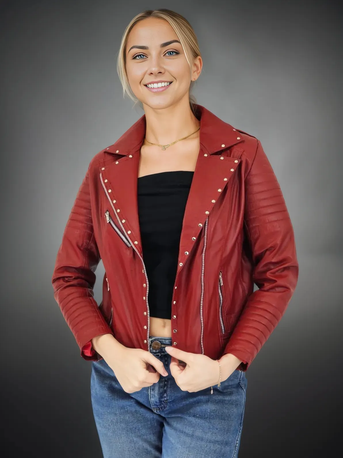 Handcrafted Women's Sheepskin Leather Biker Jacket – Premium Biker Style Red