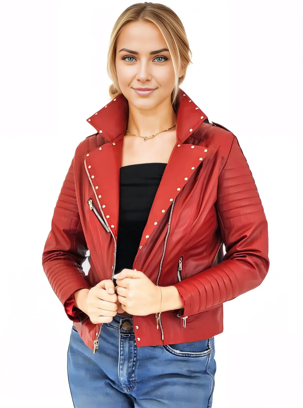 Handcrafted Women's Sheepskin Leather Biker Jacket – Premium Biker Style Red
