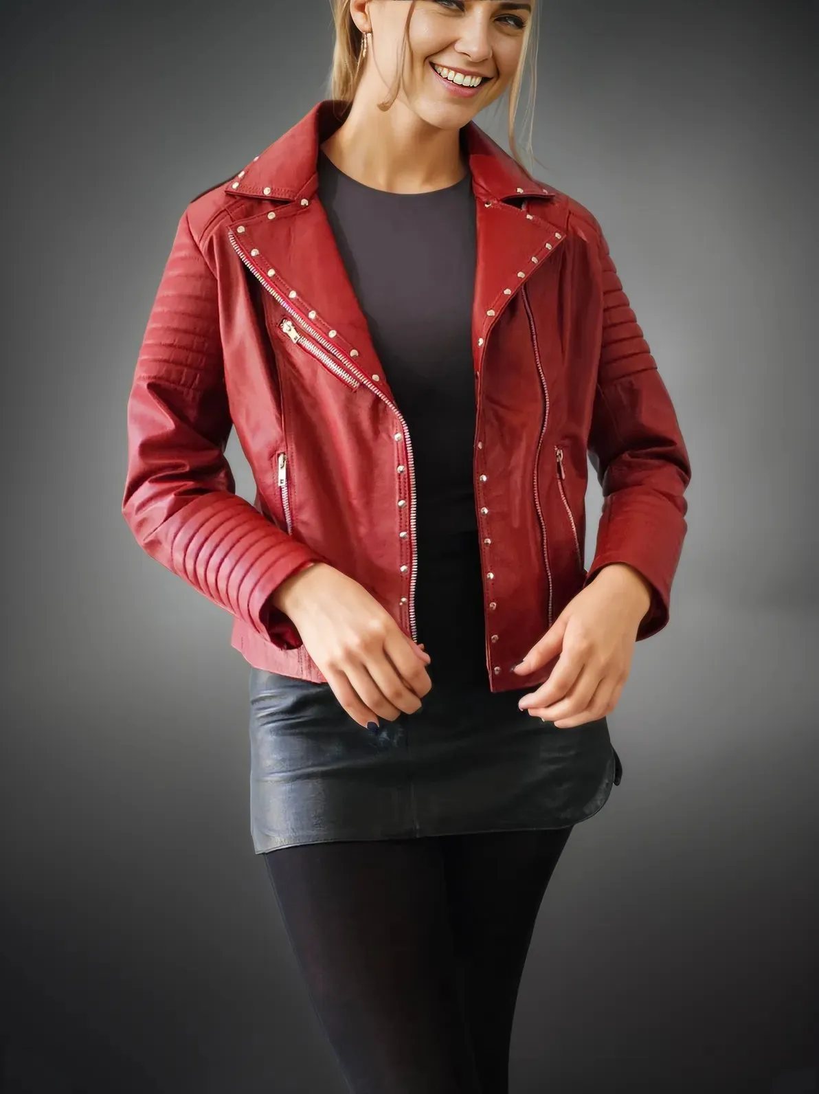 Handcrafted Women's Sheepskin Leather Biker Jacket – Premium Biker Style Red