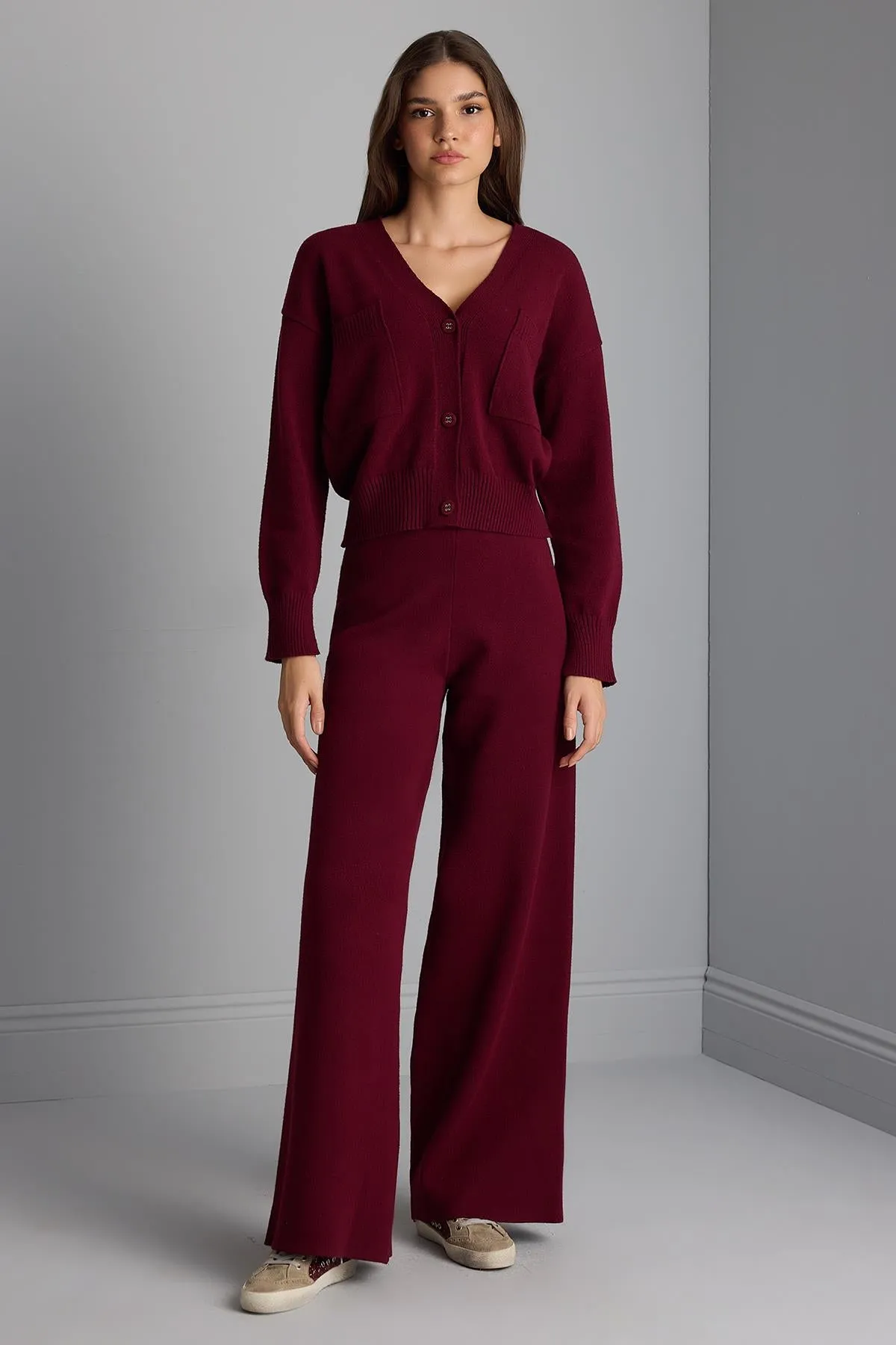 High Waist Burgundy Knitwear Palazzo Pants
