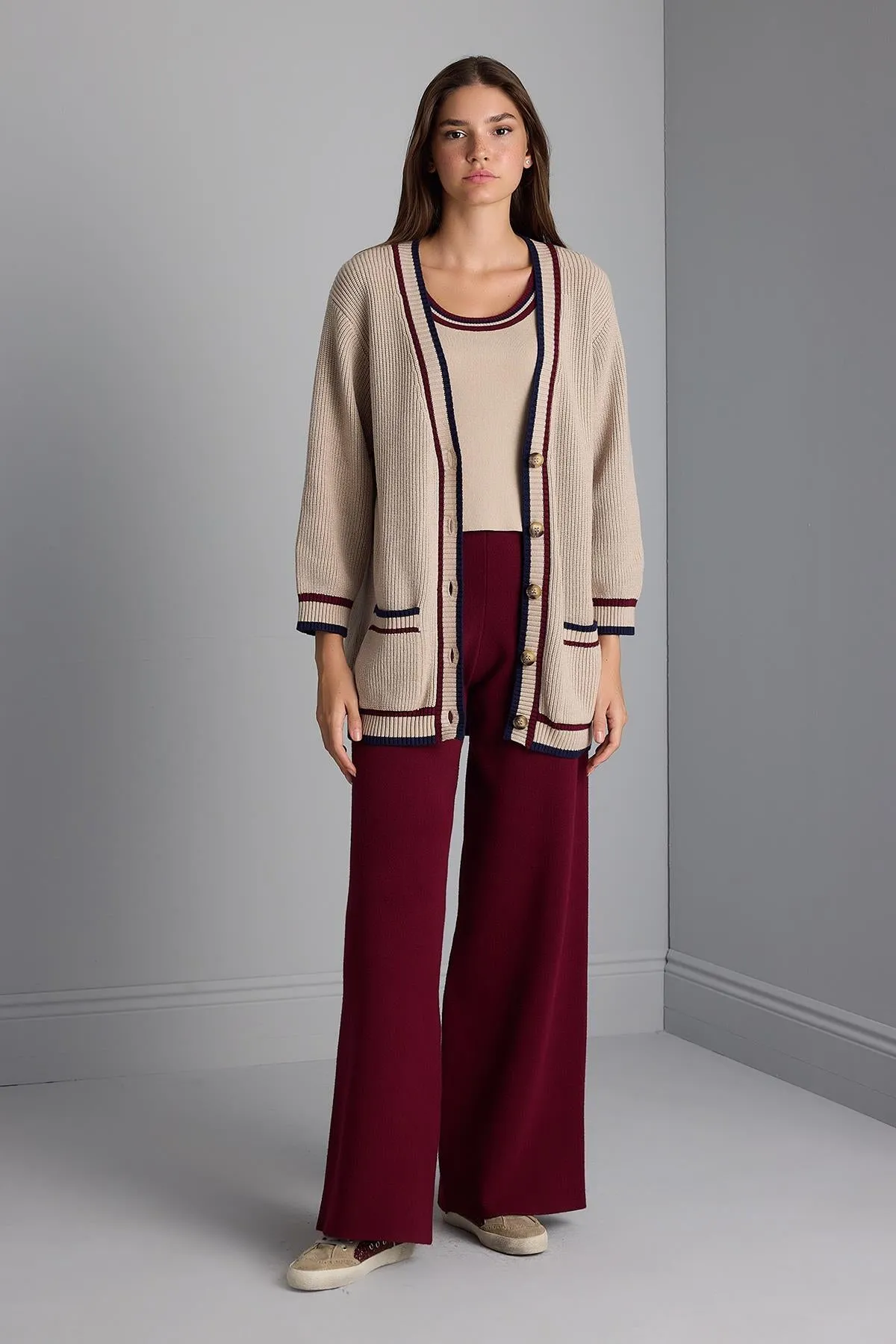 High Waist Burgundy Knitwear Palazzo Pants