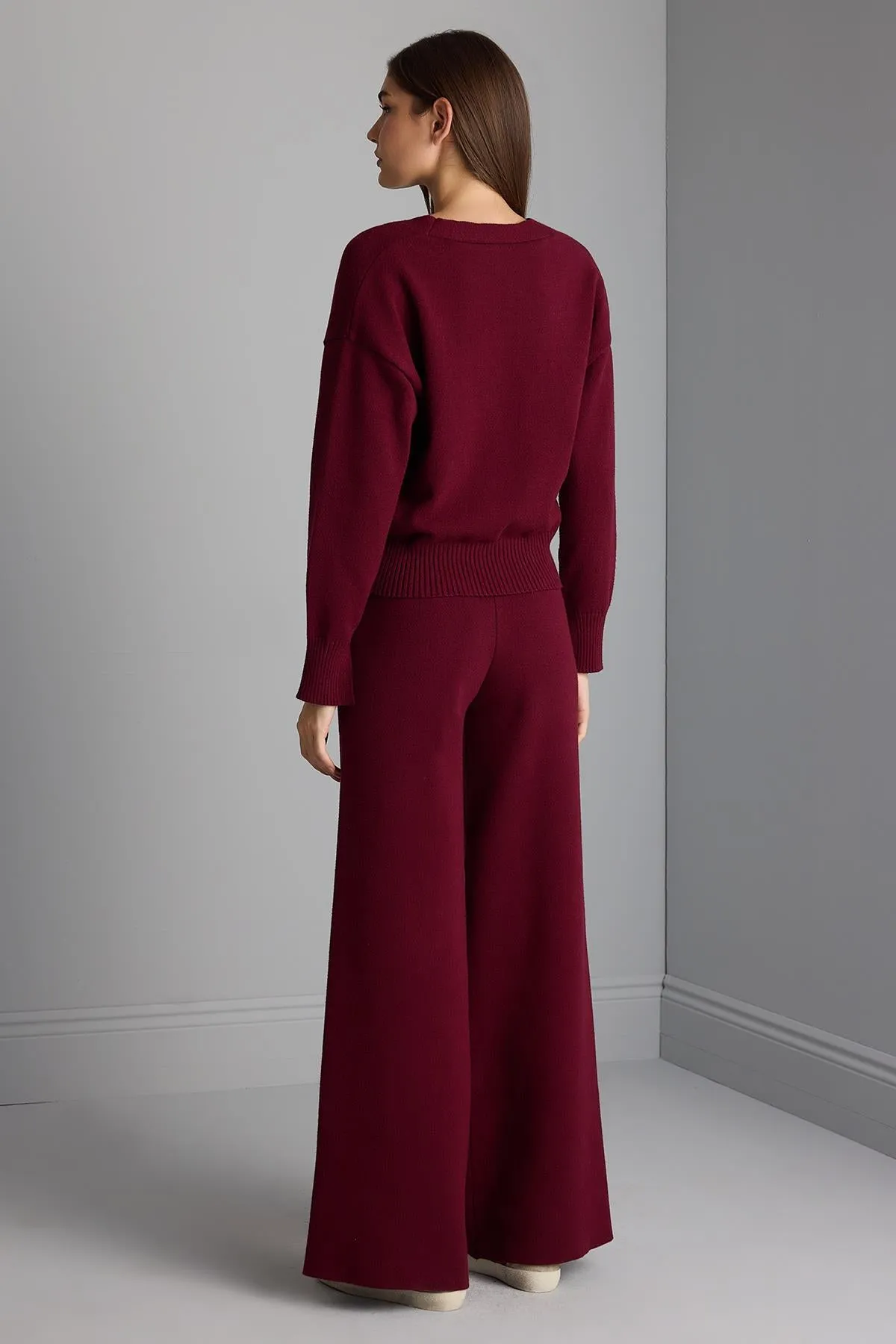 High Waist Burgundy Knitwear Palazzo Pants