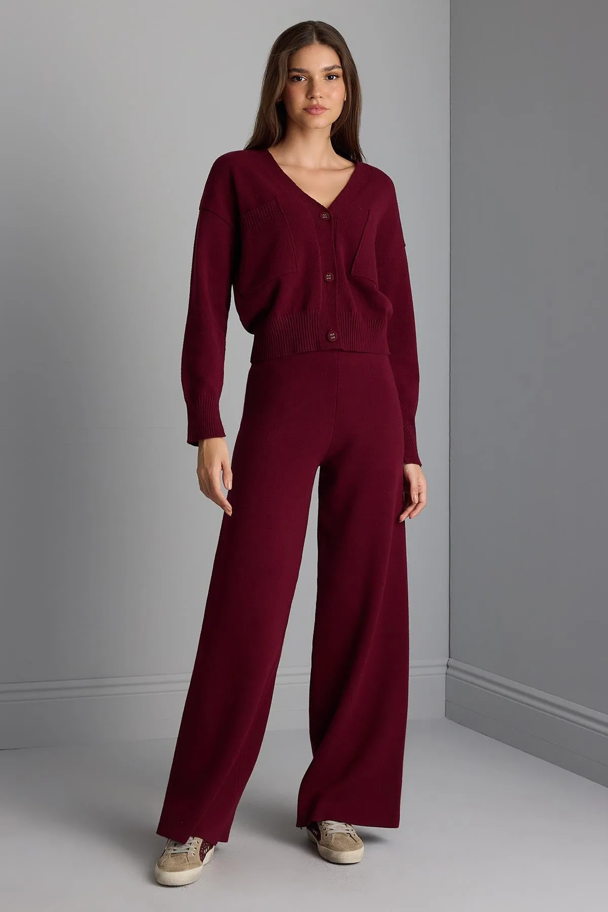 High Waist Burgundy Knitwear Palazzo Pants