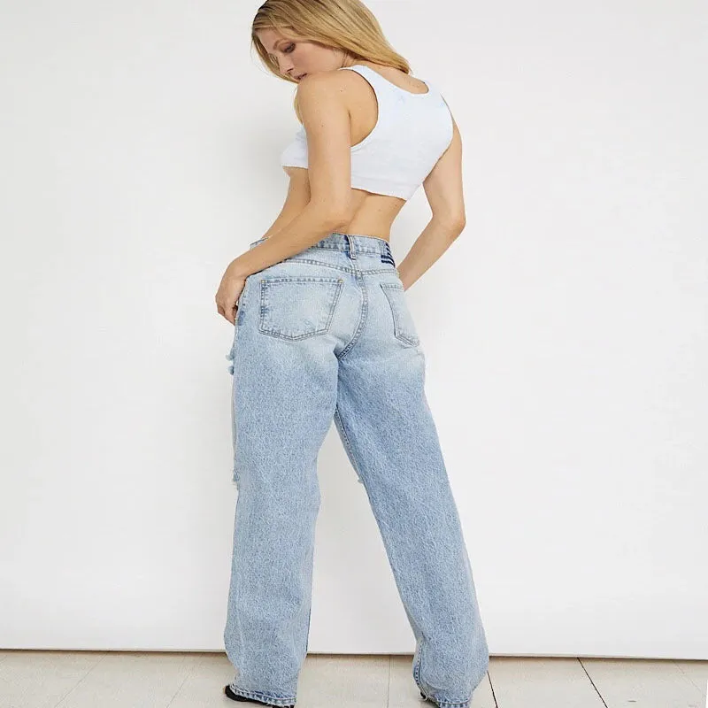 High Waist Loose Ripped Straight Denim Pants