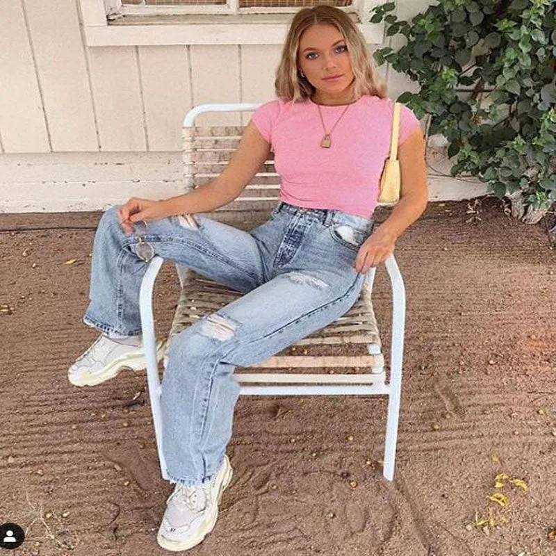 High Waist Loose Ripped Straight Denim Pants