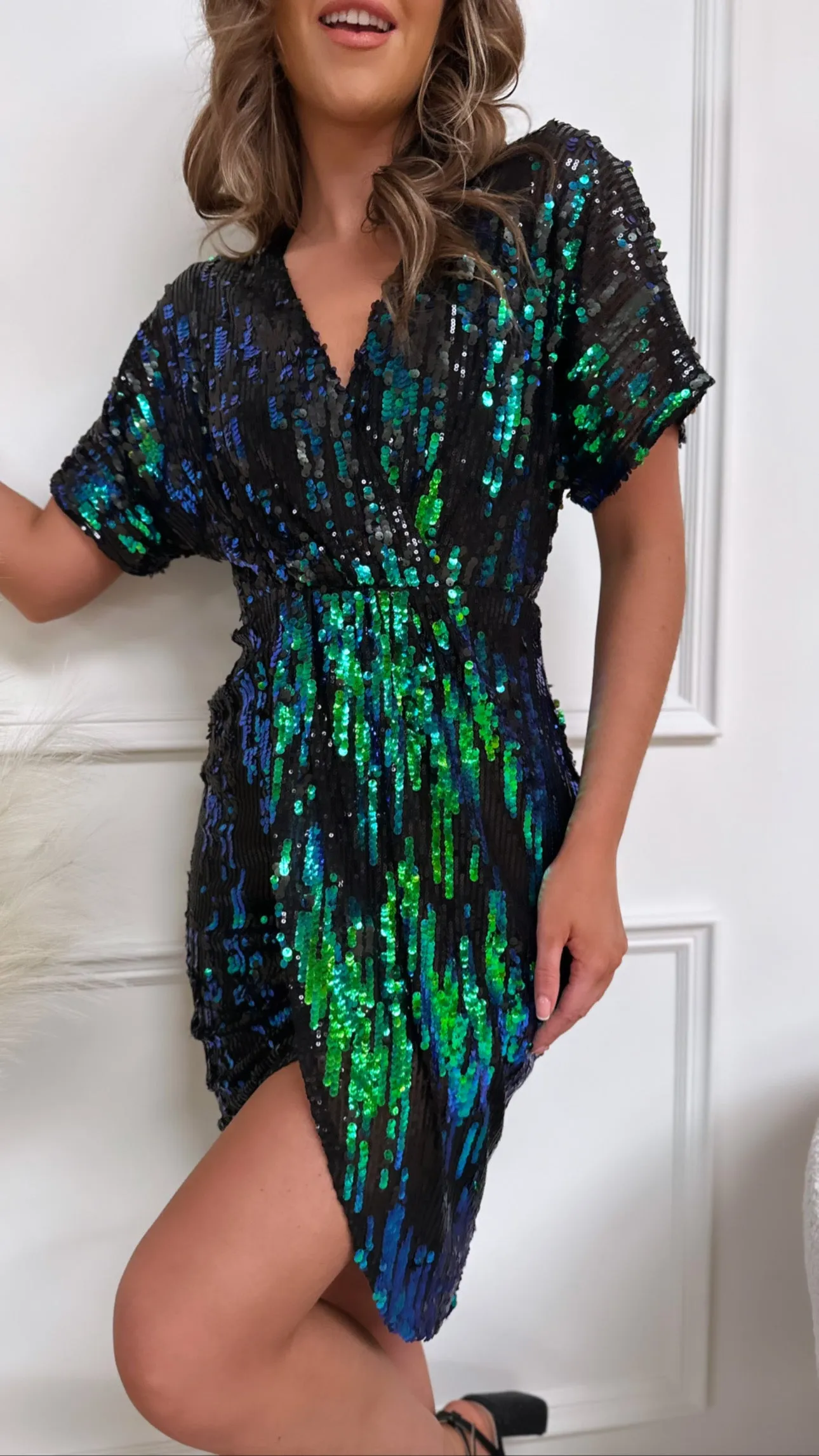 Kaisley Black Sequin Wrap Midi Dress