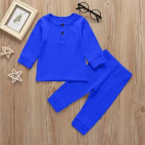Kids Ribbed Henley Pajama Set Royal Blue - Oolaa