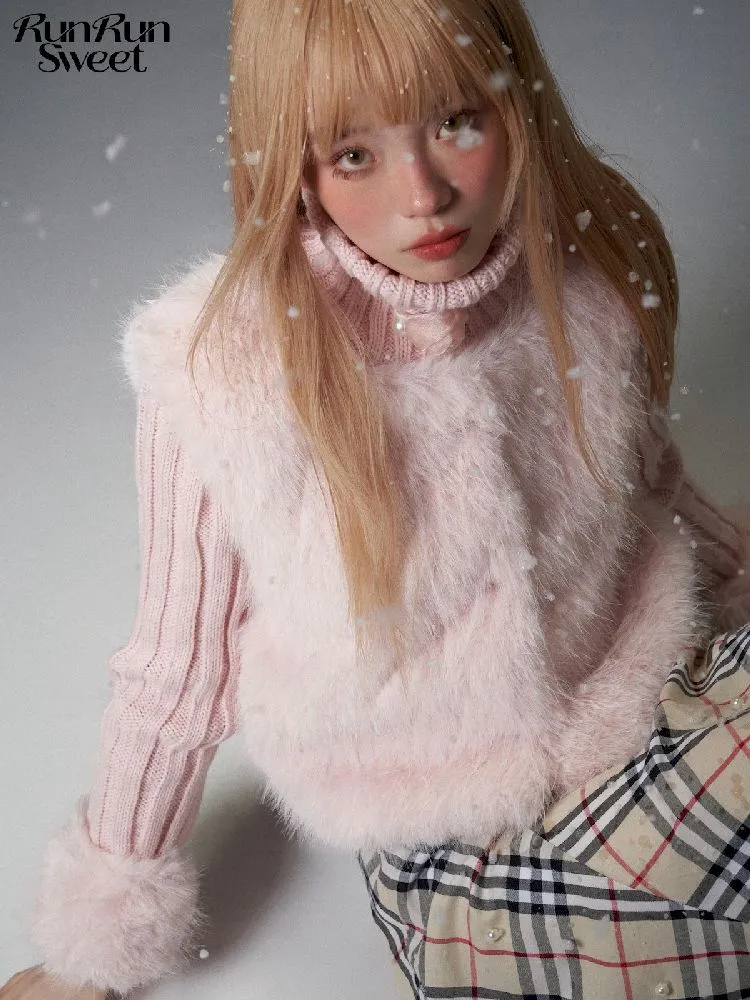 knitted turtleneck fur vest jacket