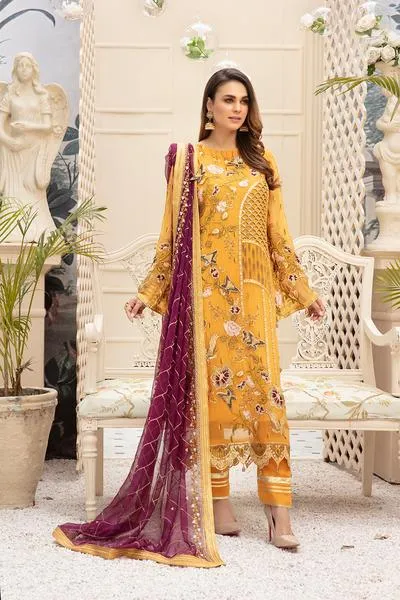 Latest embroidered Pakistani chiffon eid dress online in mustard color # E2216