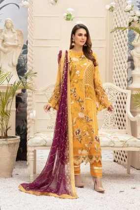 Latest embroidered Pakistani chiffon eid dress online in mustard color # E2216