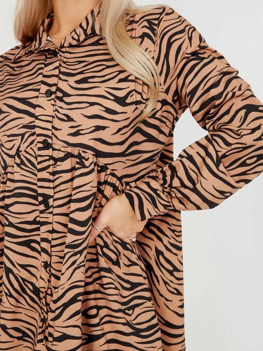 Leanne Oversized Zebra Print Shirt Dress In Mocha