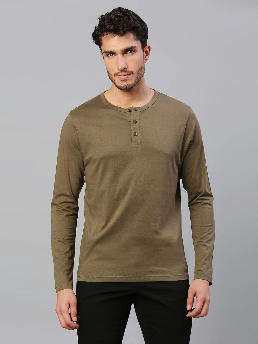 Men's Pure Cotton Solid Full Sleeves Henley T-Shirt (Olive)