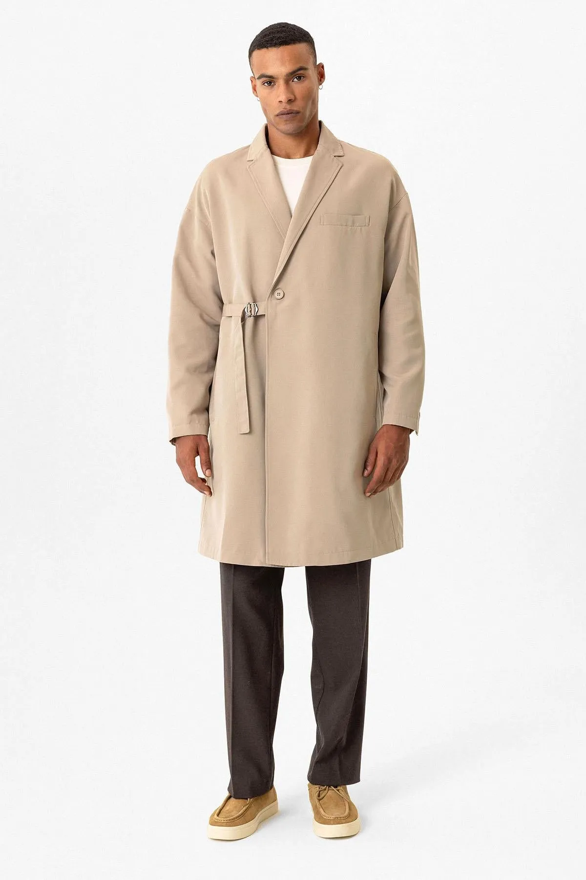 Men's Trench Coat with Buckle Detail - Wessi
