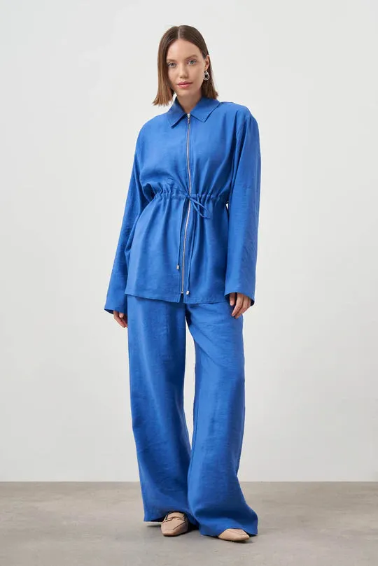 Mizalle Cinched Waist Shirt Jacket Blue Apparel - Blue